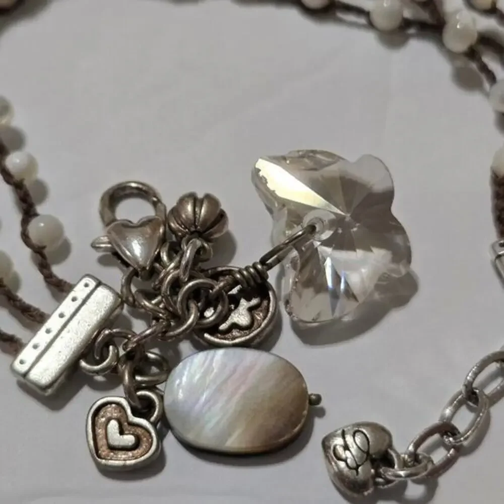 Brighton Bracelet Charm‎ White Bead Karma Silver Hearts Crystal Boho Jewelry